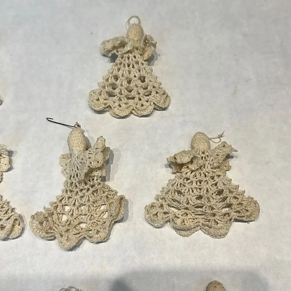 Vtg Angel Ornament Starched Crochet Cream Beige Off White Set Lot 10 Crocheted